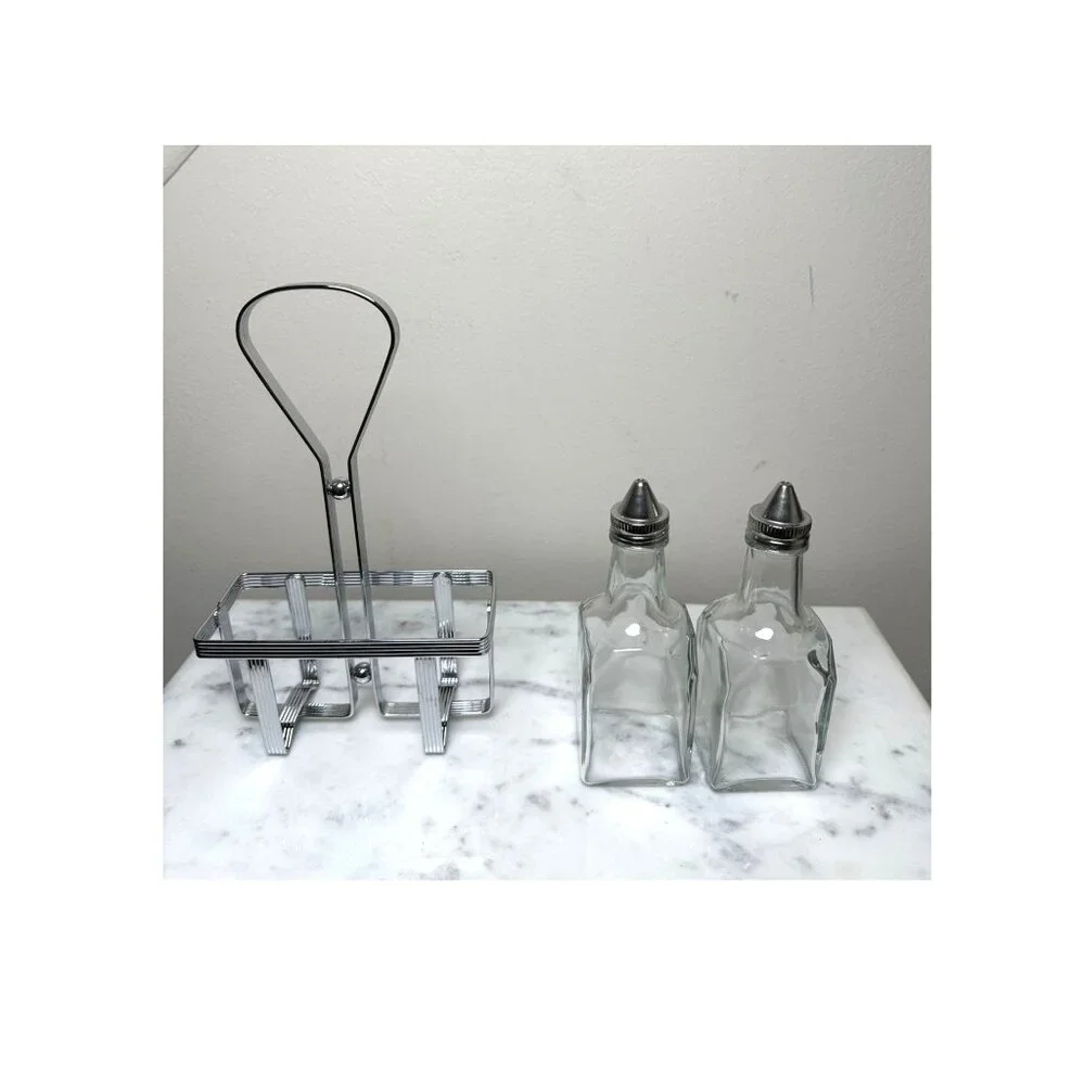 Vintage Oil & Vinegar Cruet Set with Metal Rack Glass Bottles Mid-Century Modern - Picture 5 of 7